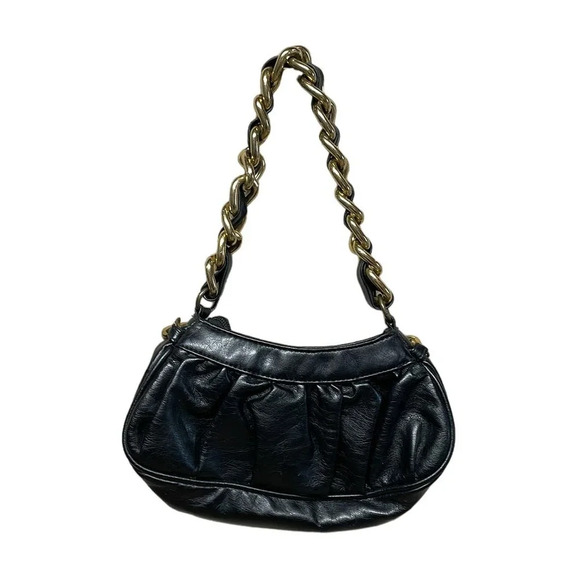 Candie's Y2K Ruched Black Pleather Mini Handbag With A Chunky Gold Chain - Picture 3 of 6